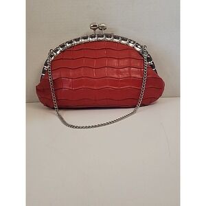 Red Faux Leather Textured Evening Clutch W/ Silver Acrylic Jeweled Metal Frame